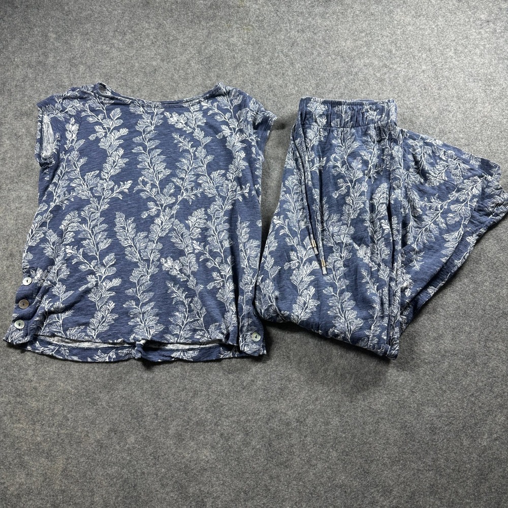 Laura Ashley Top Pant Set Womens M Blue Linen Blend Fern Leaf Print Drawstring